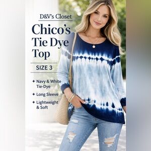 Chico’s Navy White Tie Dye Long Sleeve Top Size 3 Boho Casual Lightweight